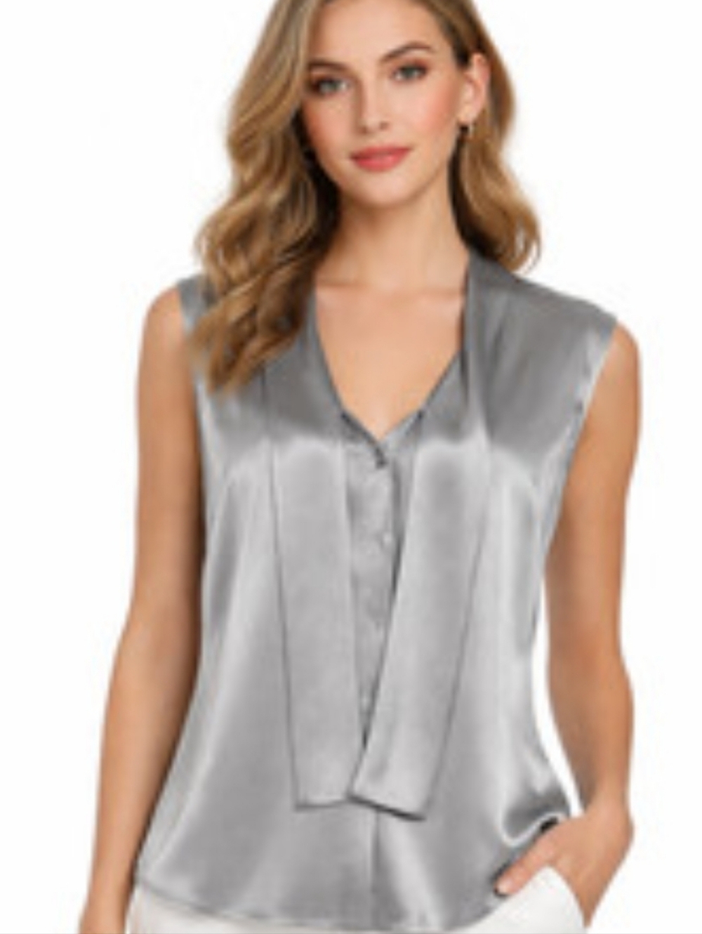 St. John Liquid Satin V-Neck Blouse in Silver Sz 14